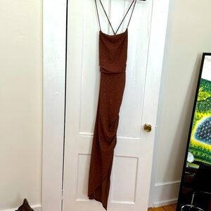 Size 0, brown sparkly maxi formal dress, ruffled slit, open tie back